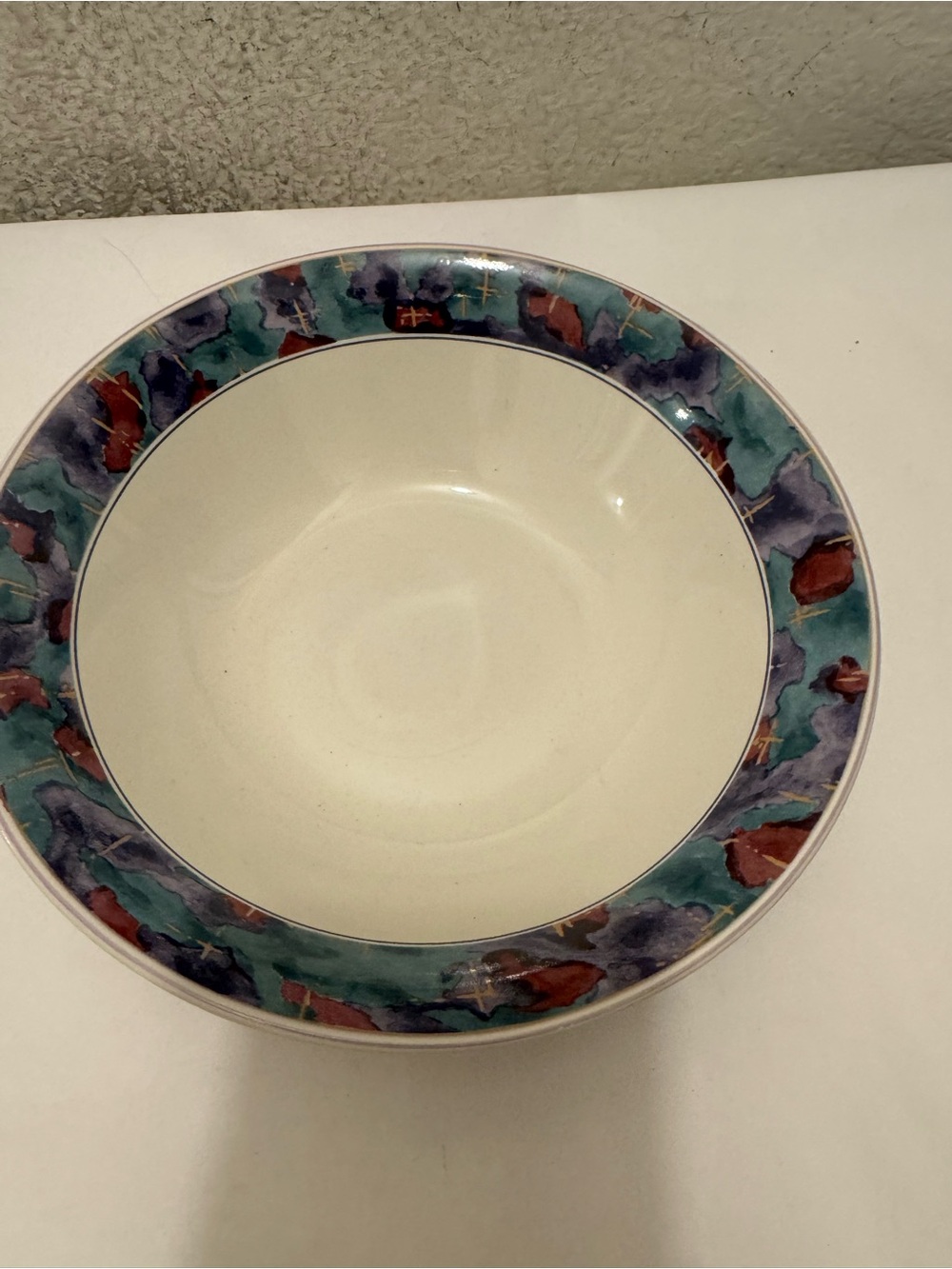 Sango Ceramic Serving Bowl with Teal, Purple and Rust Accent Rim